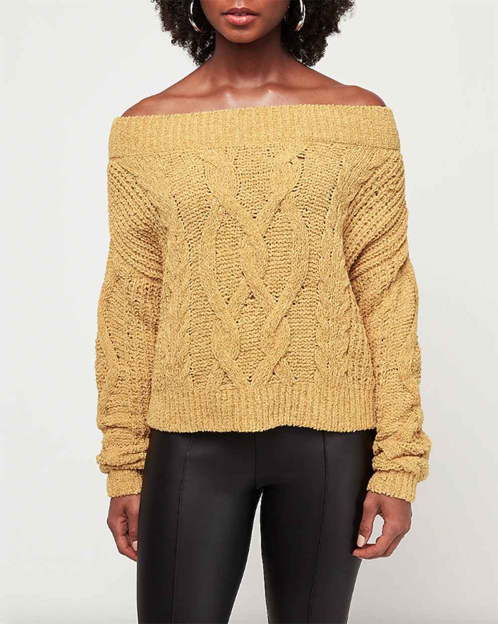 Cozy Chenille Off The Shoulder Cable Knit Sweater