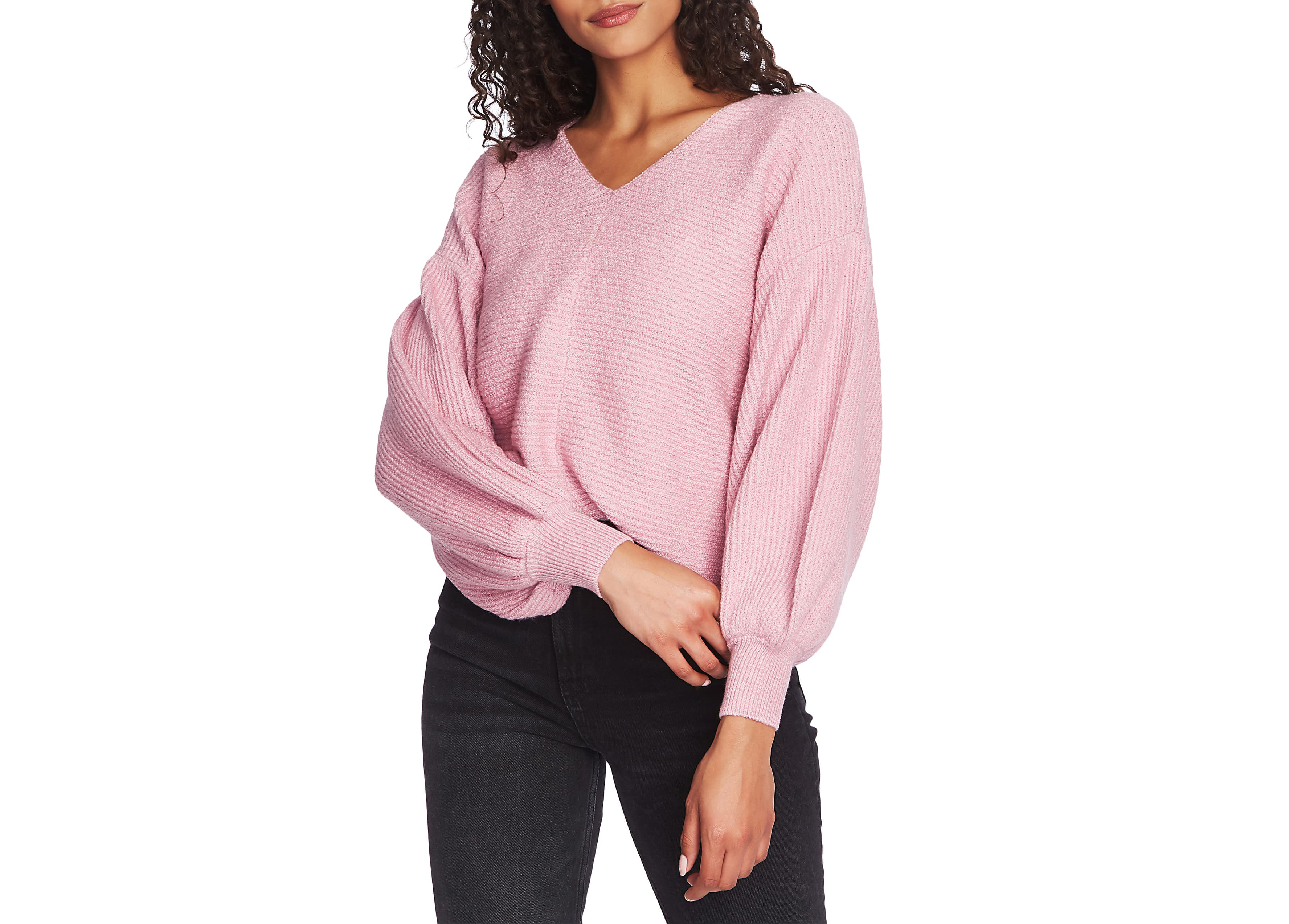 Blouson Sleeve V-Neck Sweater (Antique Rose)