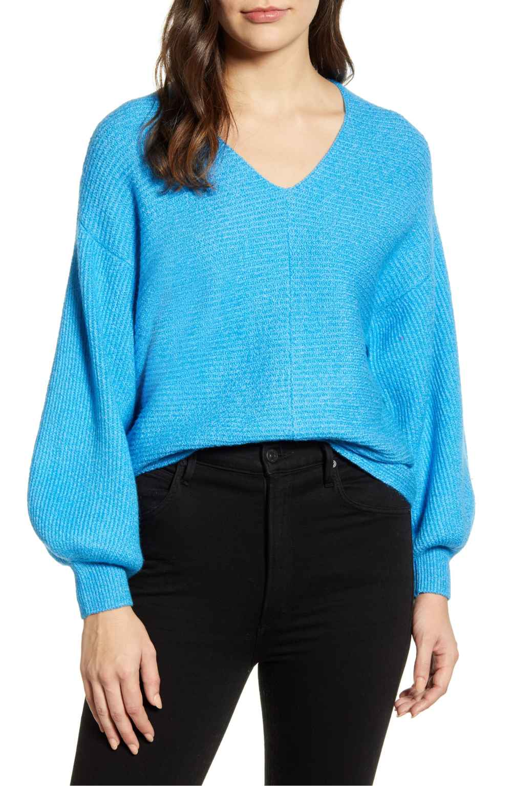 1.STATE Blouson Sleeve V-Neck Sweater (Cosmic Blue)