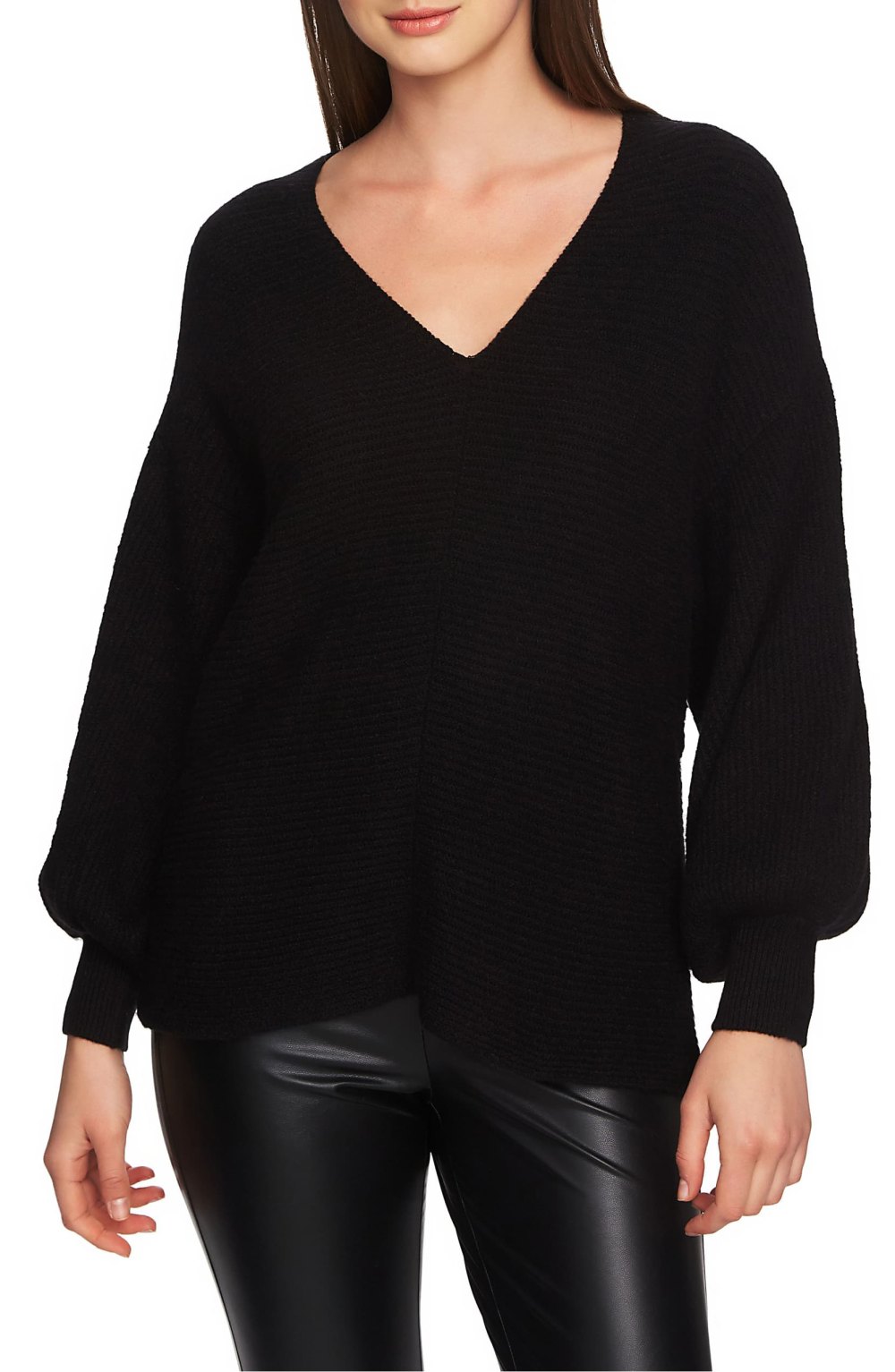 1.STATE Blouson Sleeve V-Neck Sweater (Rich Black)