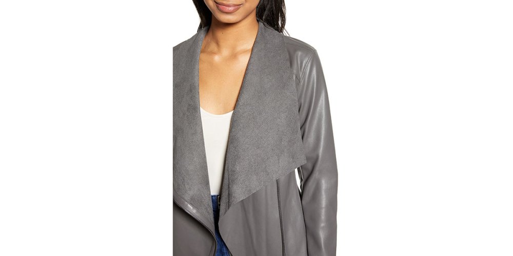 BLANKNYC Onto the Next Faux Leather Drape Front Jacket