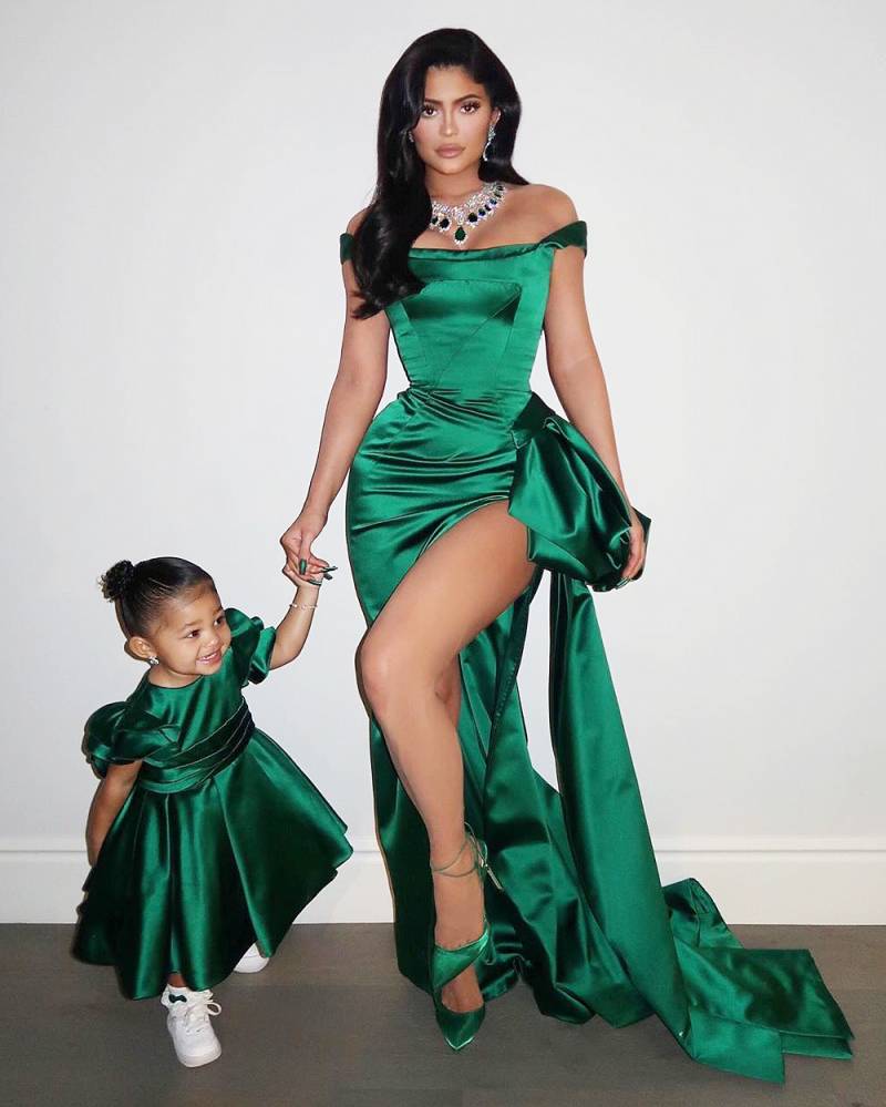 Kylie Jenner and Stormi in Matching Green Dresses on Christmas Day
