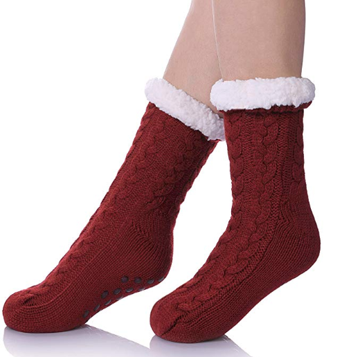 SDBING Women's Fleece-lined Slipper Socks (Wine Red)