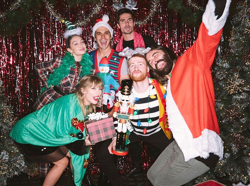 Taylor Swift Jonathan Van Ness and Antoni Porowski Wearing Ugly Christmas Sweaters at her 30th Birthday