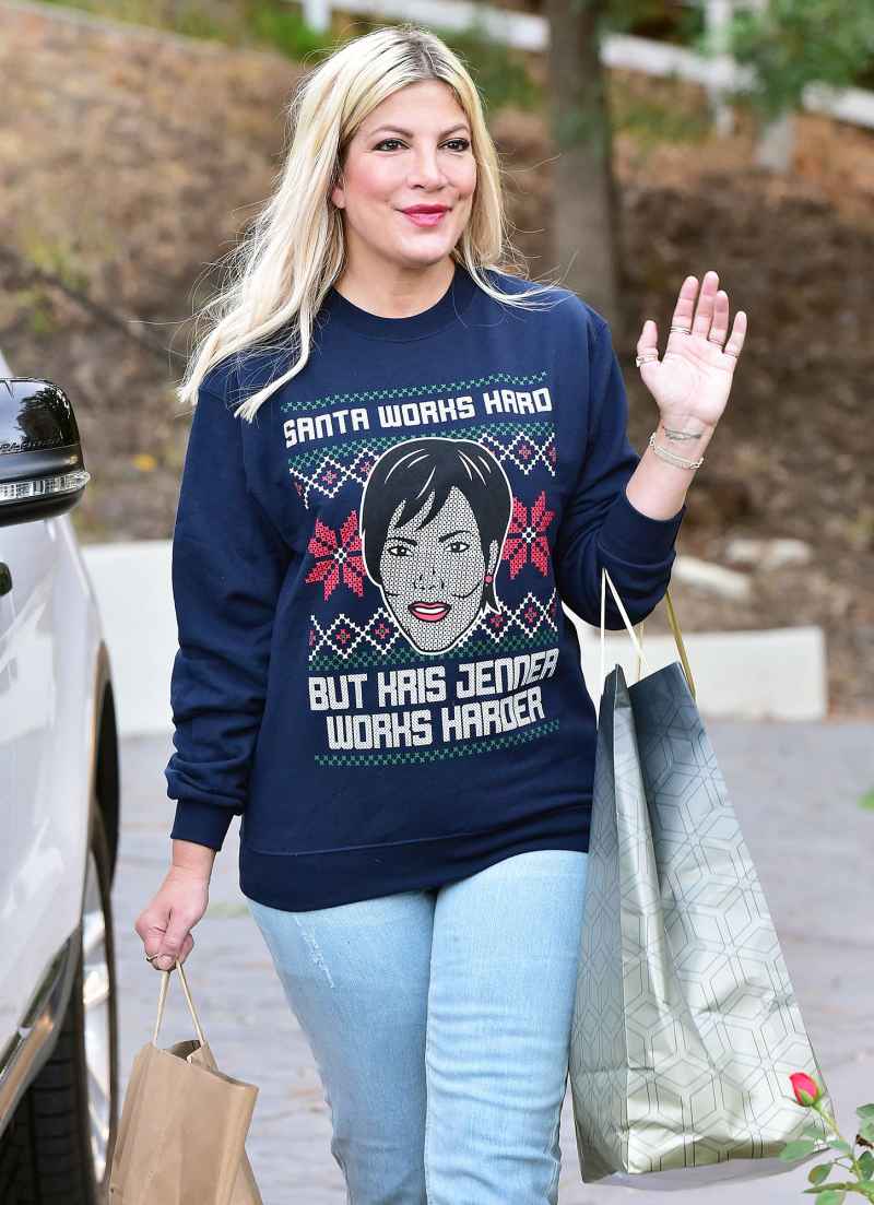 Tori Spelling Black Friday Shopping in a Kris Jenner Ugly Christmas Sweater
