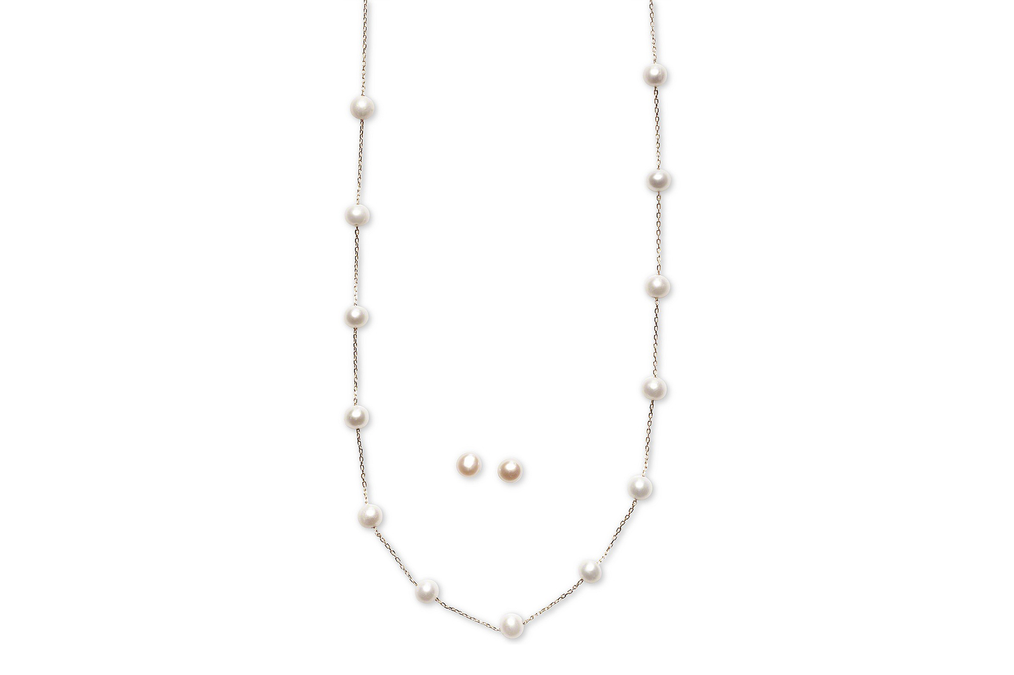 Cultured Freshwater Pearl Station Necklace and Stud Earrings Set