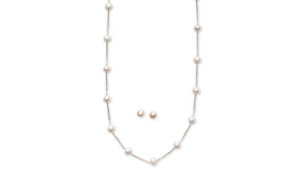 Cultured Freshwater Pearl Station Necklace and Stud Earrings Set