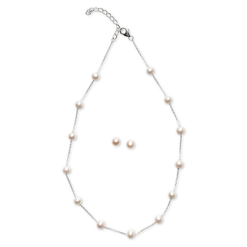 Cultured Freshwater Pearl Station Necklace and Stud Earrings Set