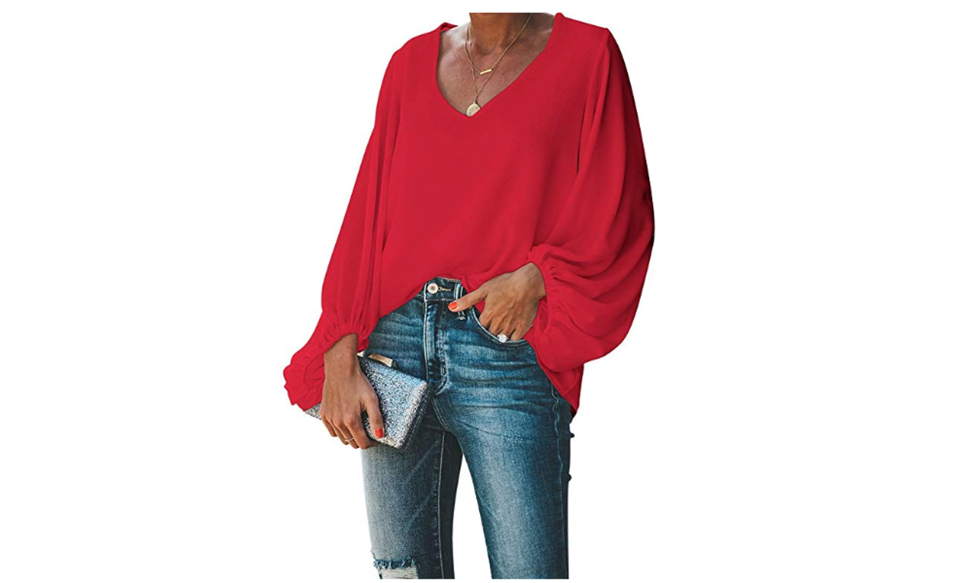 BELONGSCI Women's Balloon Sleeve V-Neck Blouse (Red)