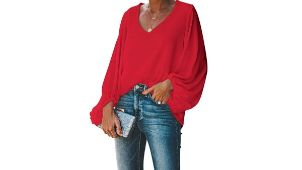 BELONGSCI Women's Balloon Sleeve V-Neck Blouse (Red)
