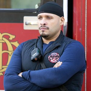Kara Killmer as Sylvie Brett Jesse Spencer as Matthew Casey and Joe Minoso as Joe Cruz on Chicago Fire
