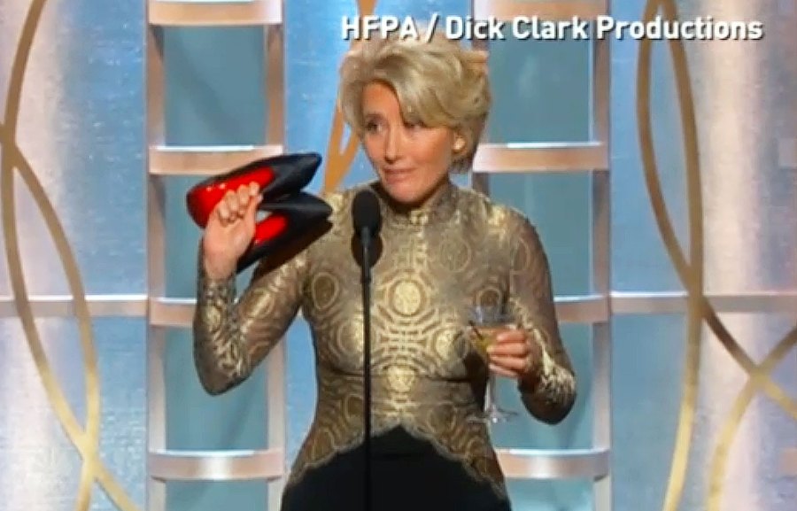 Emma Thompson Onstage at the 2014 Golden Globes Carrying her Louboutins and a Martini