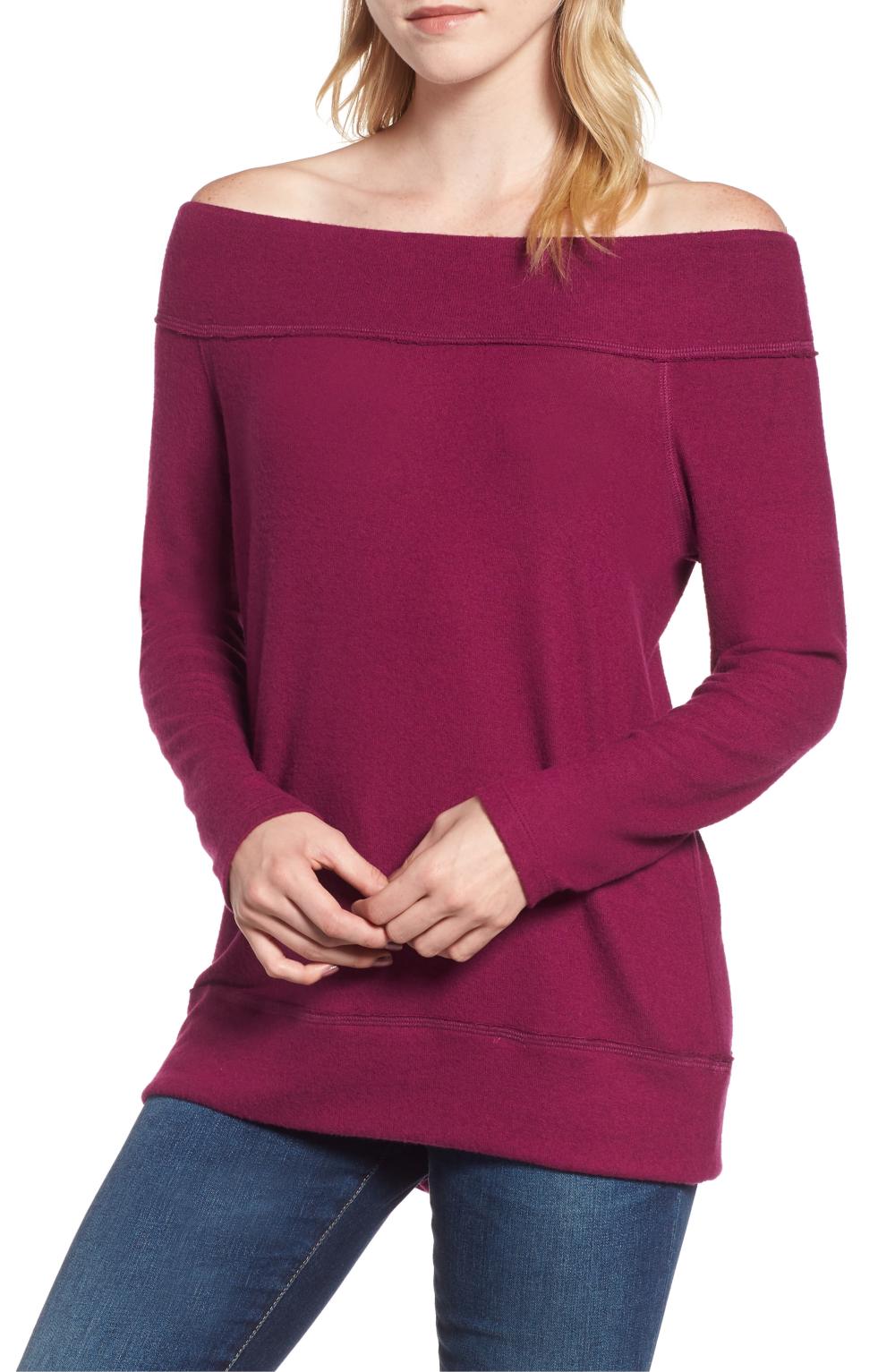 Gibson x Living in Yellow Mary Fleece Off the Shoulder Top (Deep Violet)