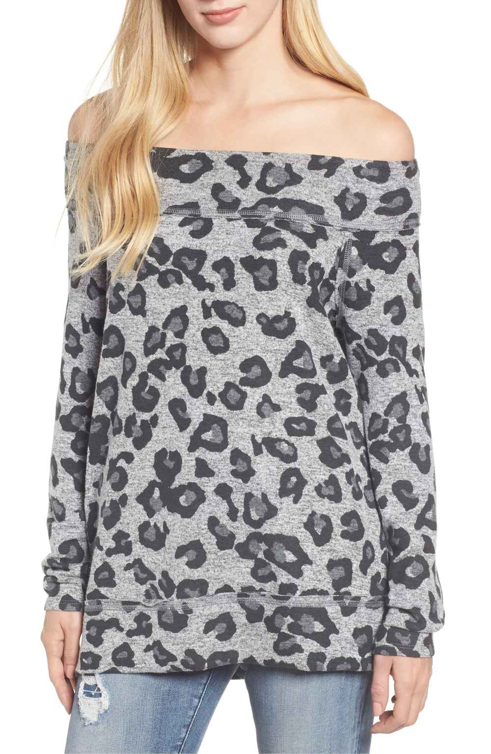 Gibson x Living in Yellow Mary Fleece Off the Shoulder Top (Grey Leopard)