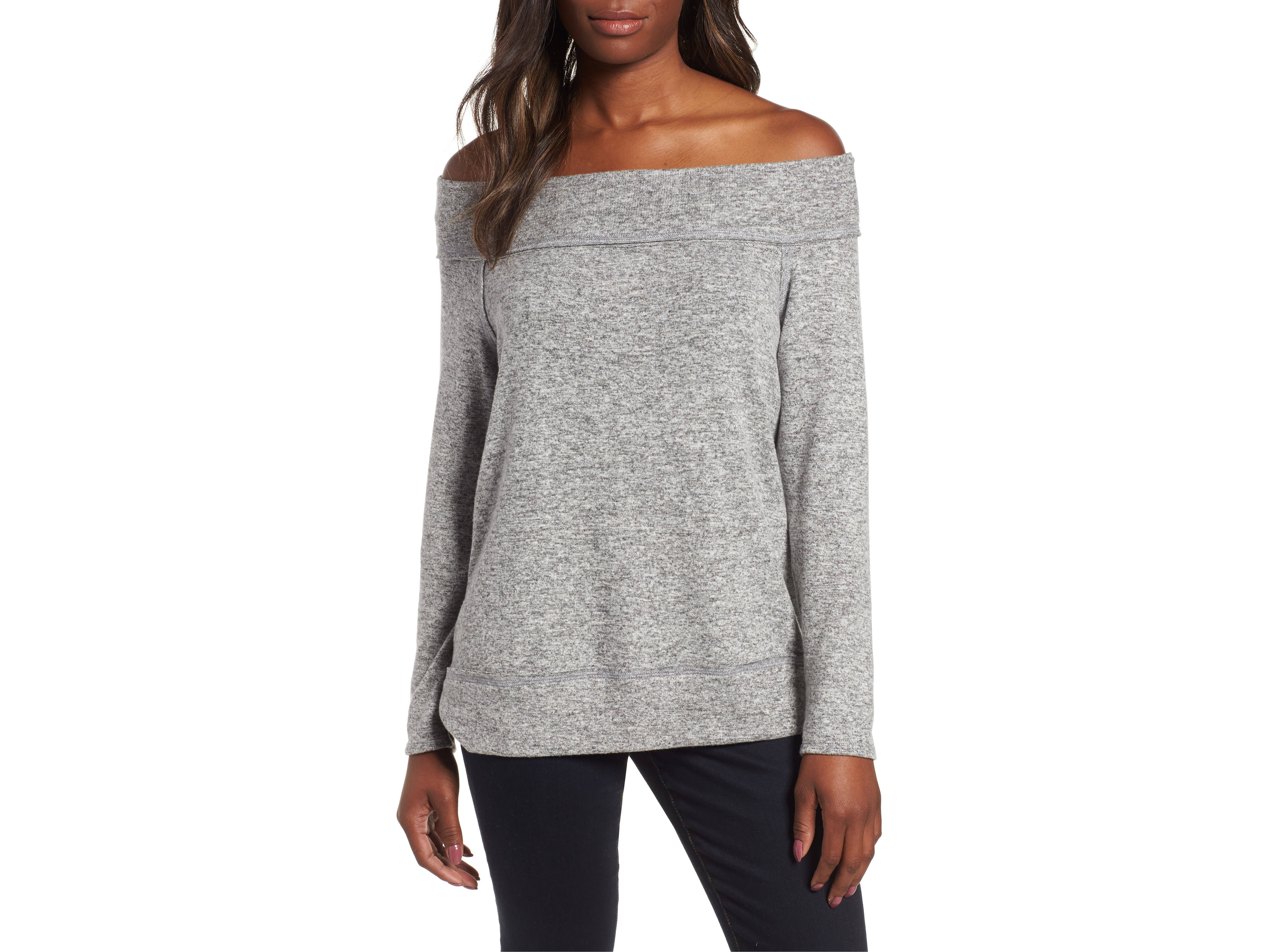 Gibson x Living in Yellow Mary Fleece Off the Shoulder Top (Heather Grey)