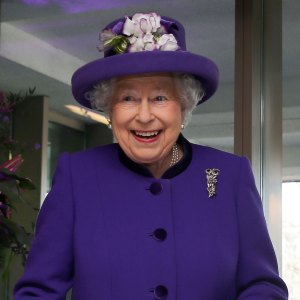 Queen Elizabeth II Cutting Cake Purple Jacket Purle Hat