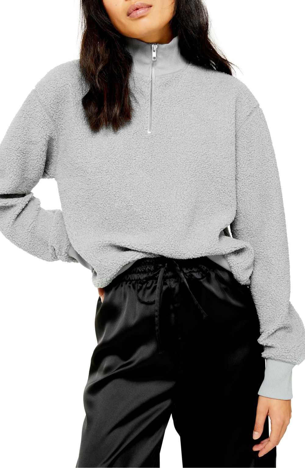Topshop Half Zip Funnel Neck Sweatshirt (Grey)