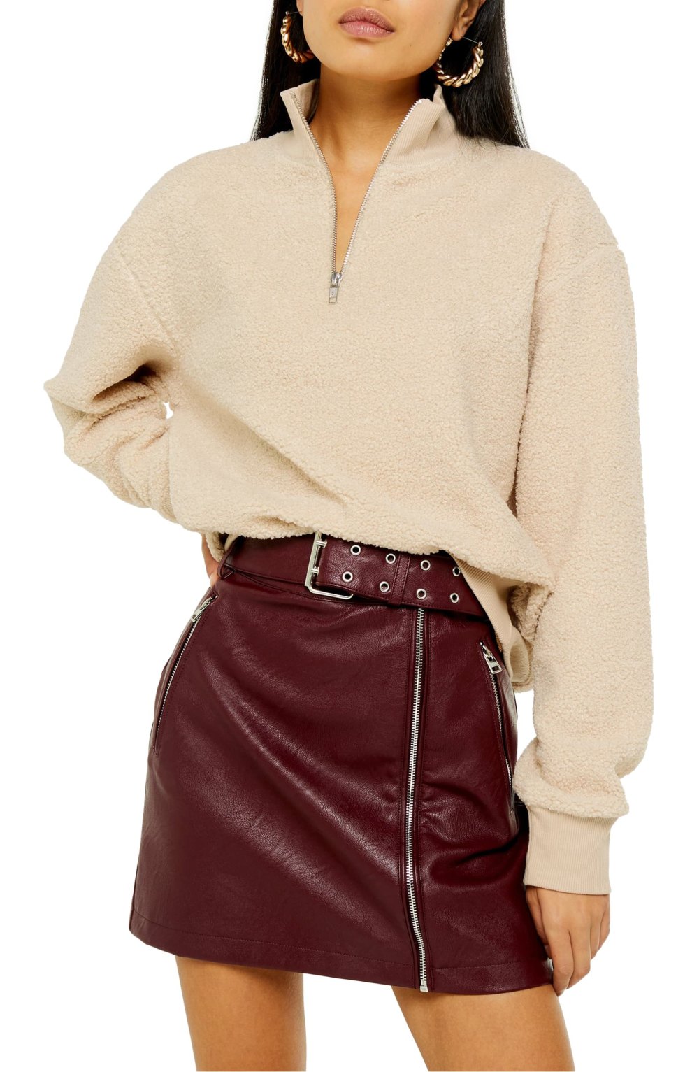 Topshop Half Zip Funnel Neck Sweatshirt (Stone)