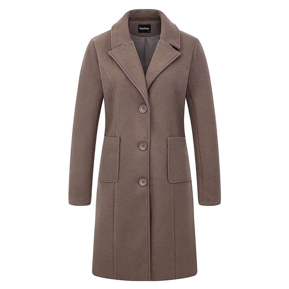 chouyatou Women's Big Notch Lapel Single-Breasted Mid-Long Wool-Blend Coat