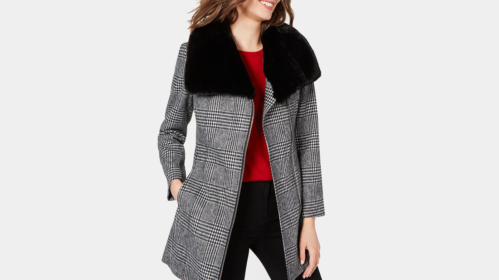 INC Faux-Fur-Collar Belted Plaid Coat