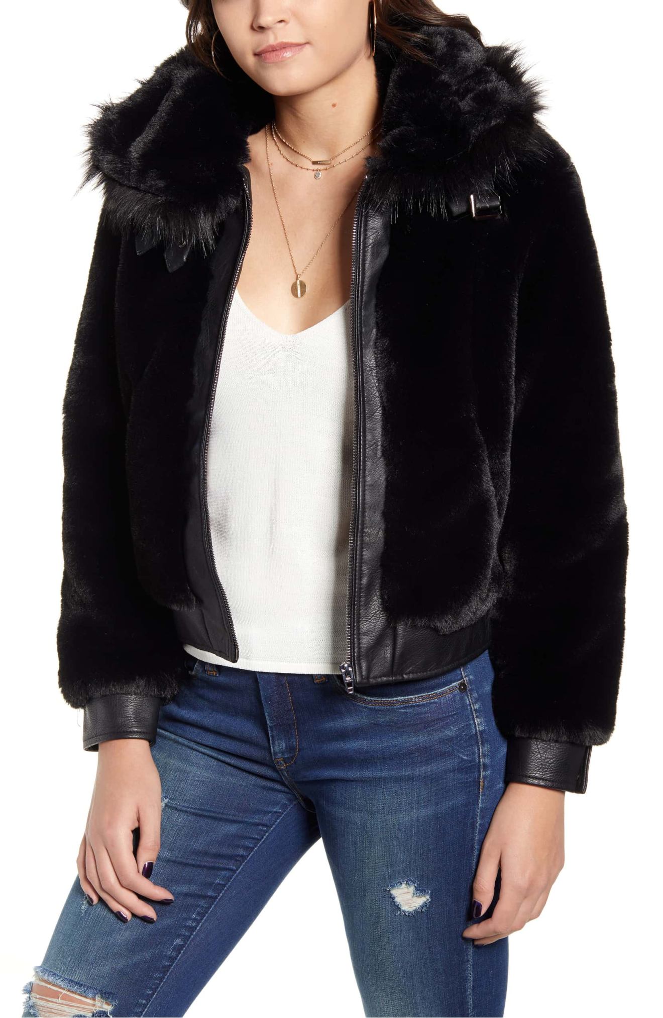 blanknyc hooded fur denim jacket