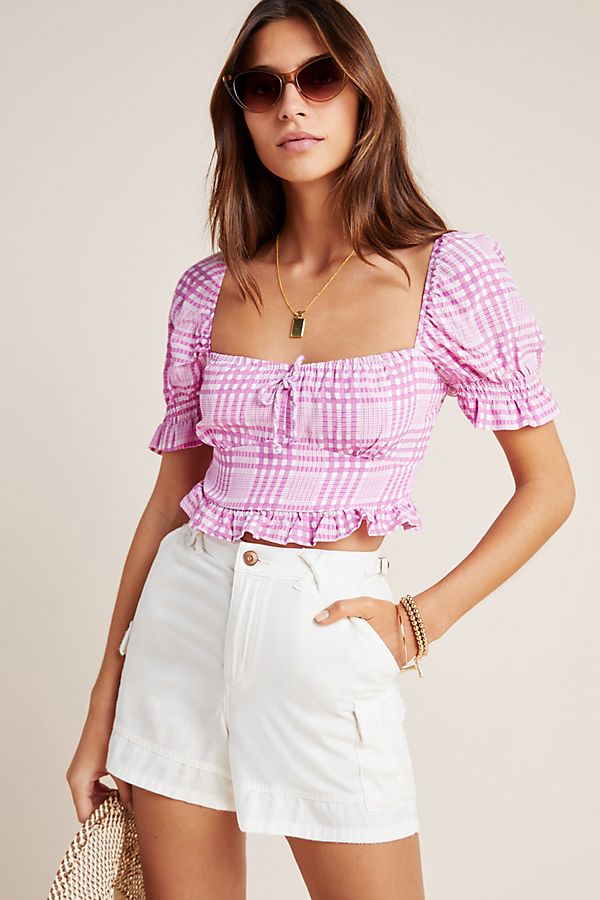 Faithfull Bardot Cropped Plaid Blouse