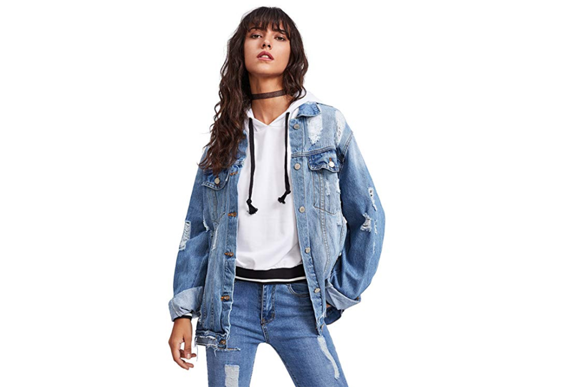 Floerns Women's Ripped Distressed Casual Long Sleeve Denim Jacket (Blue)