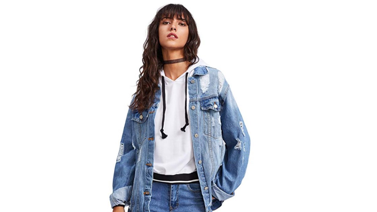 Floerns Women's Ripped Distressed Casual Long Sleeve Denim Jacket (Blue)