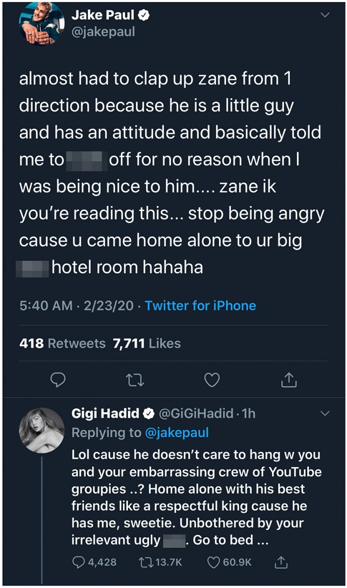 Gigi Hadid Claps Back at YouTuber Jake Paul Over Zayn Malik