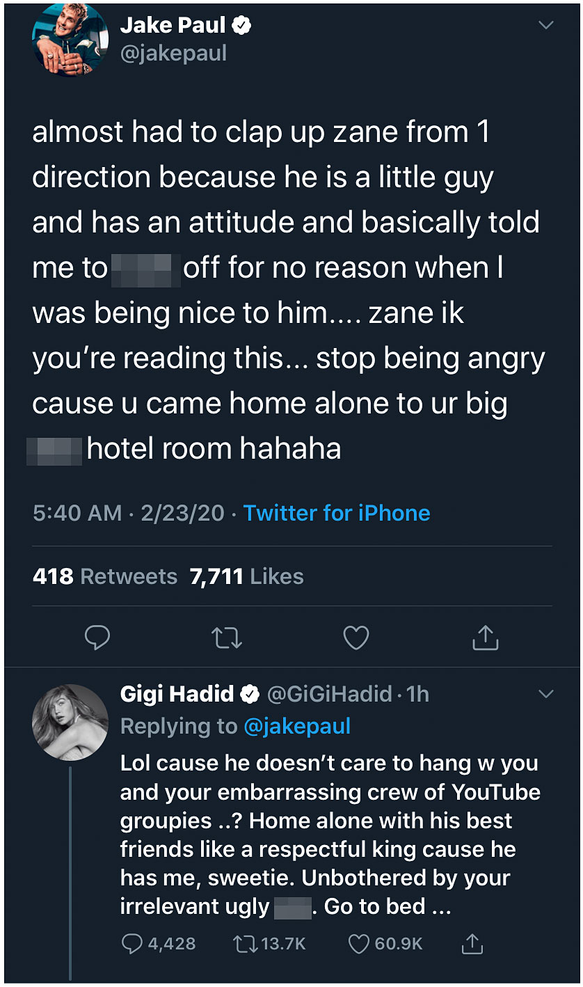 Gigi Hadid Claps Back at YouTuber Jake Paul Over Zayn Malik