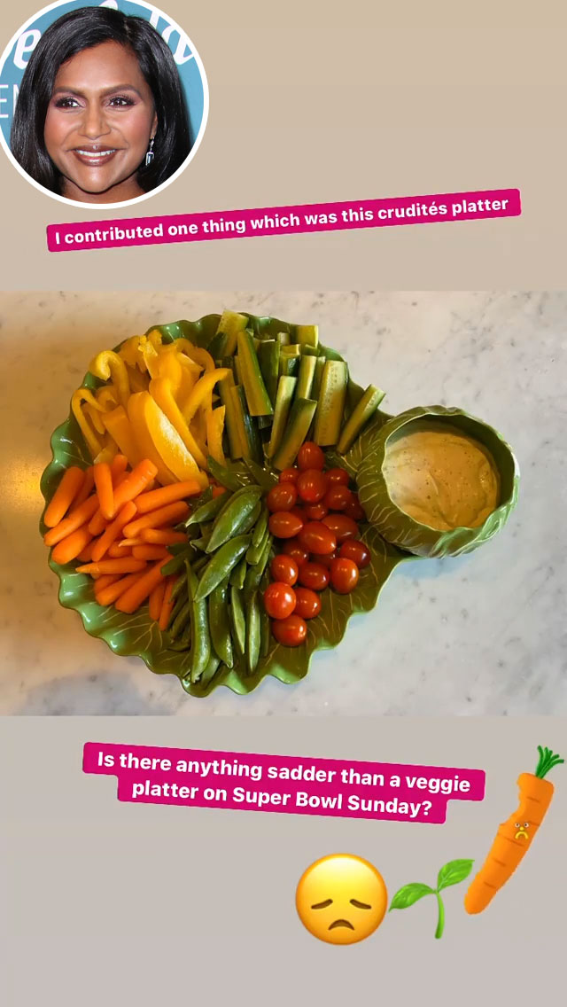 Mindy Kaling Veggie Platter Stars Share What They Ate on Super Bowl Sunday 2020