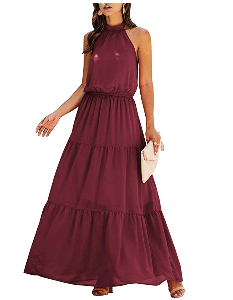 PRETTYGARDEN Women’s Casual Halter Neck Sleeveless Maxi Dress (Wine Red)