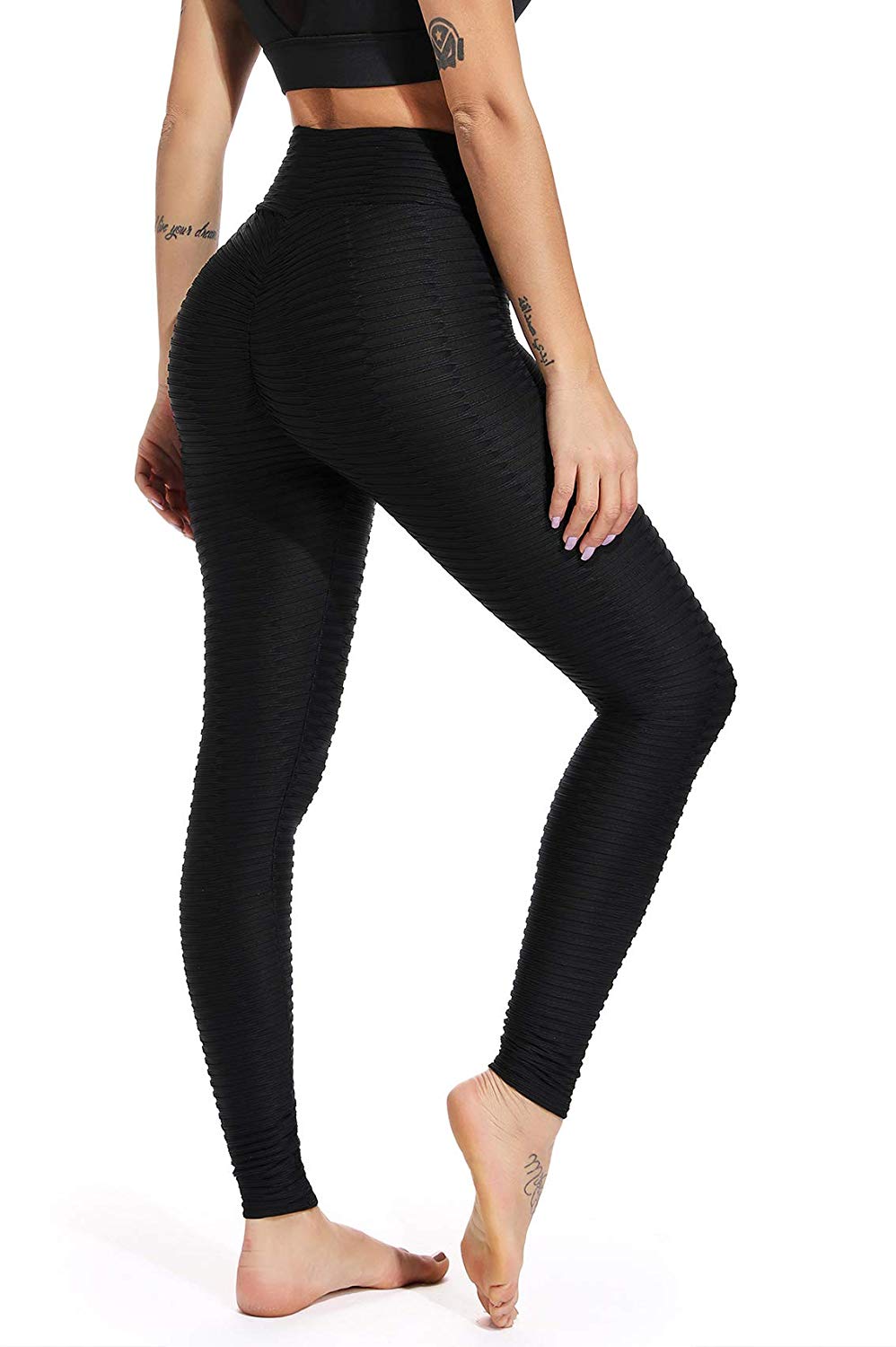 SEASUM Women's High Waist Booty Leggings (Ribbed Black)