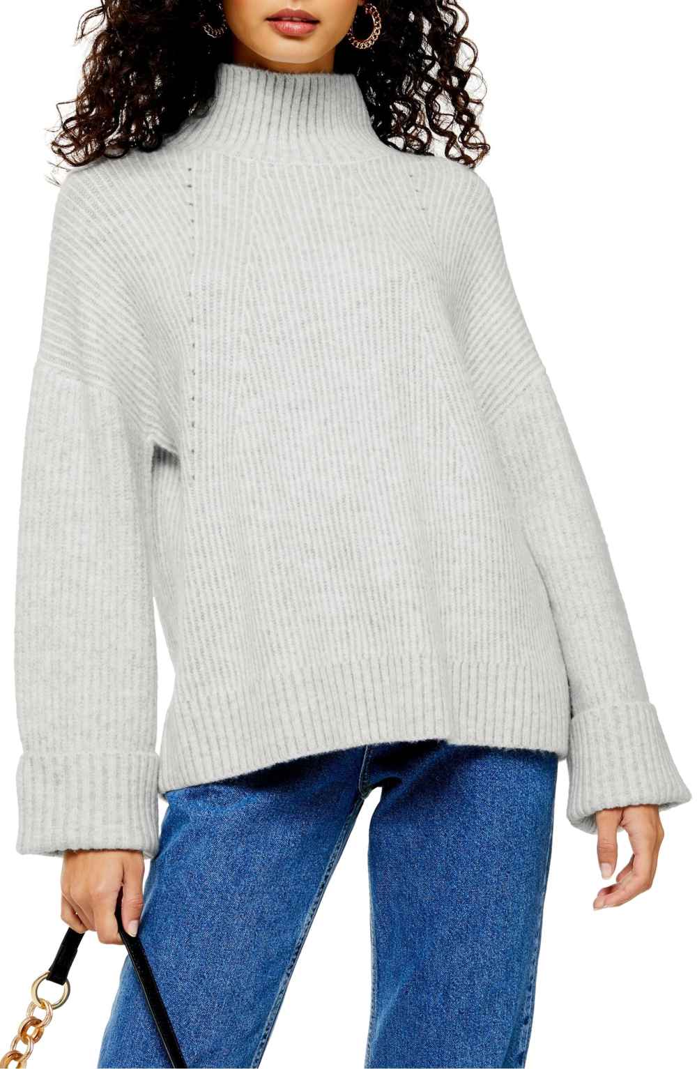 Topshop Supersoft Wide Sleeve Turtleneck Sweater (Grey Marl)