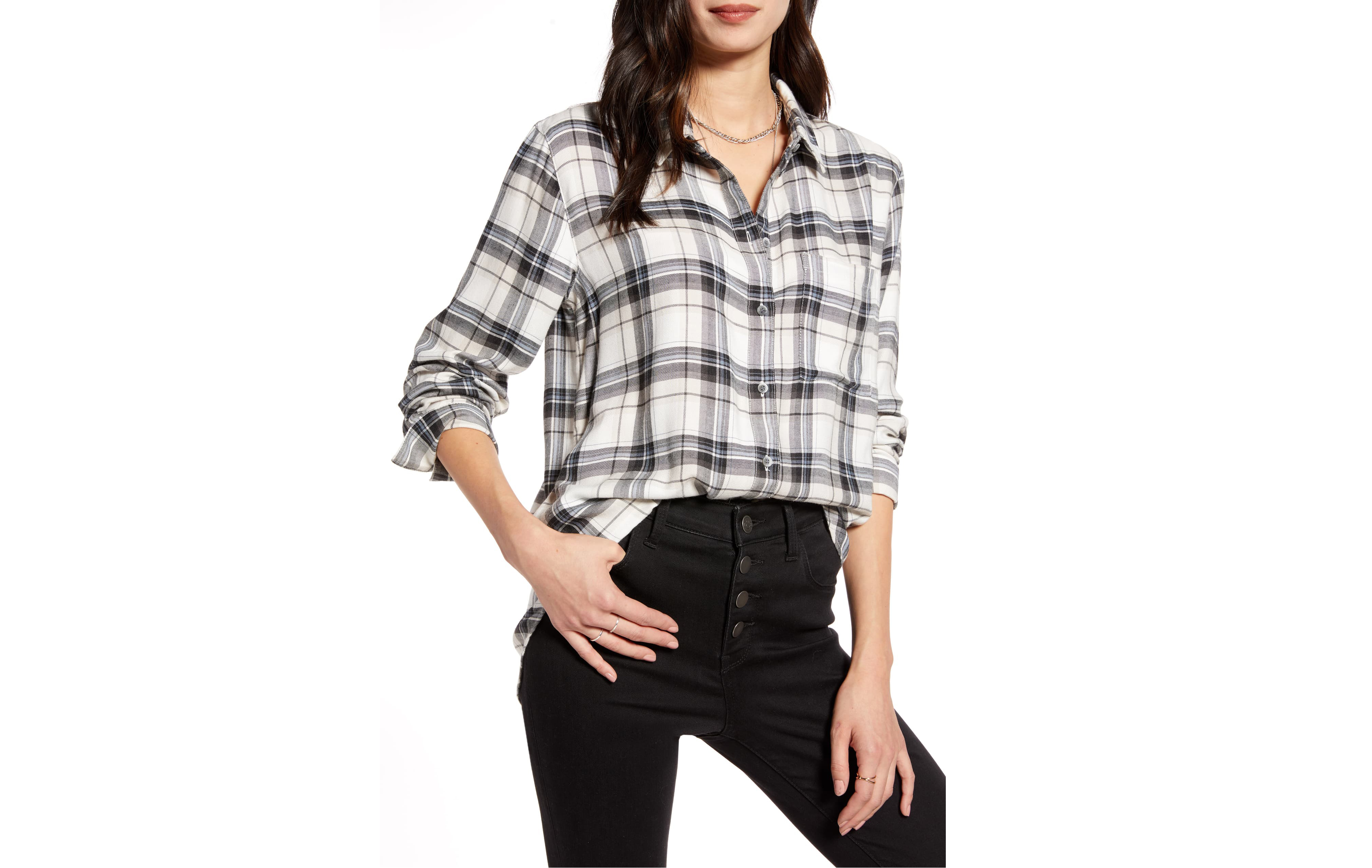 Treasure & Bond Plaid Boyfriend Shirt (White Snow- Grey Rocky Plaid)