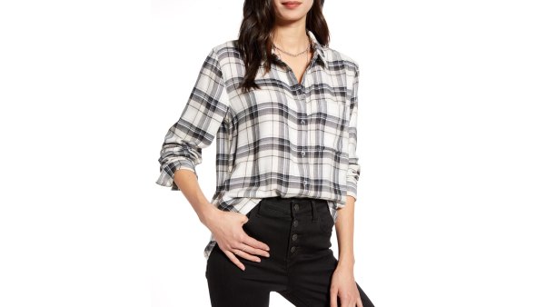 Treasure & Bond Plaid Boyfriend Shirt (White Snow- Grey Rocky Plaid)