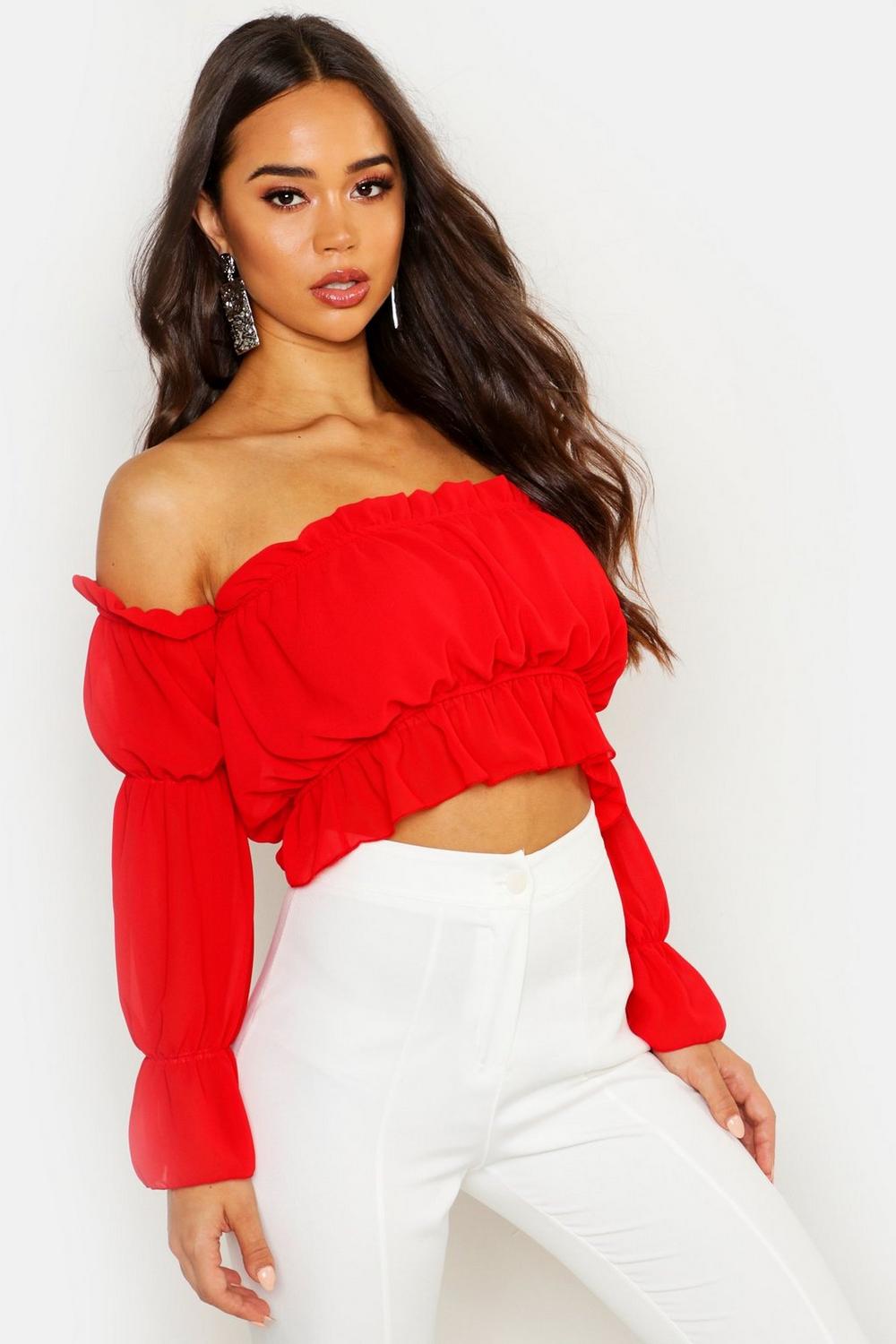 Woven Volume Sleeve Ruched Bardot Top