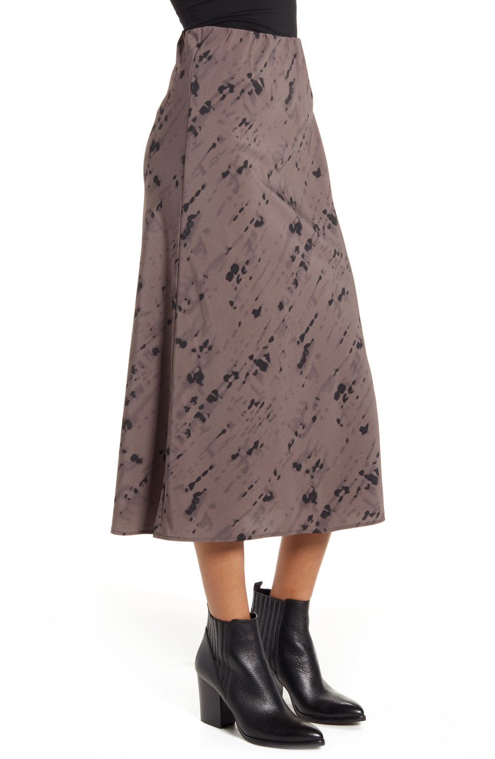Bobeau Lyndon Bias Cut Midi Skirt (Tie Dye Charcoal)