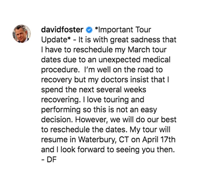 David Foster Postpones Tour Dates to Undergo Unexpected Medical Procedure