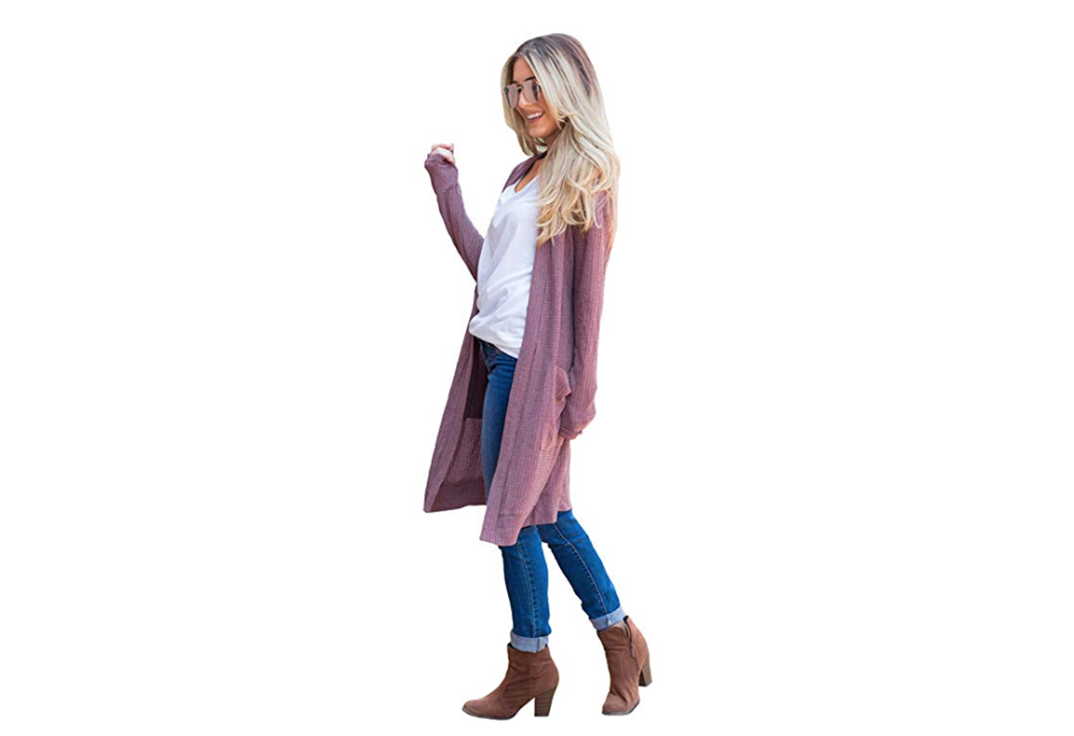 Tickled Teal Women's Long Sleeve Knit Open Front Sweater (Mauve)