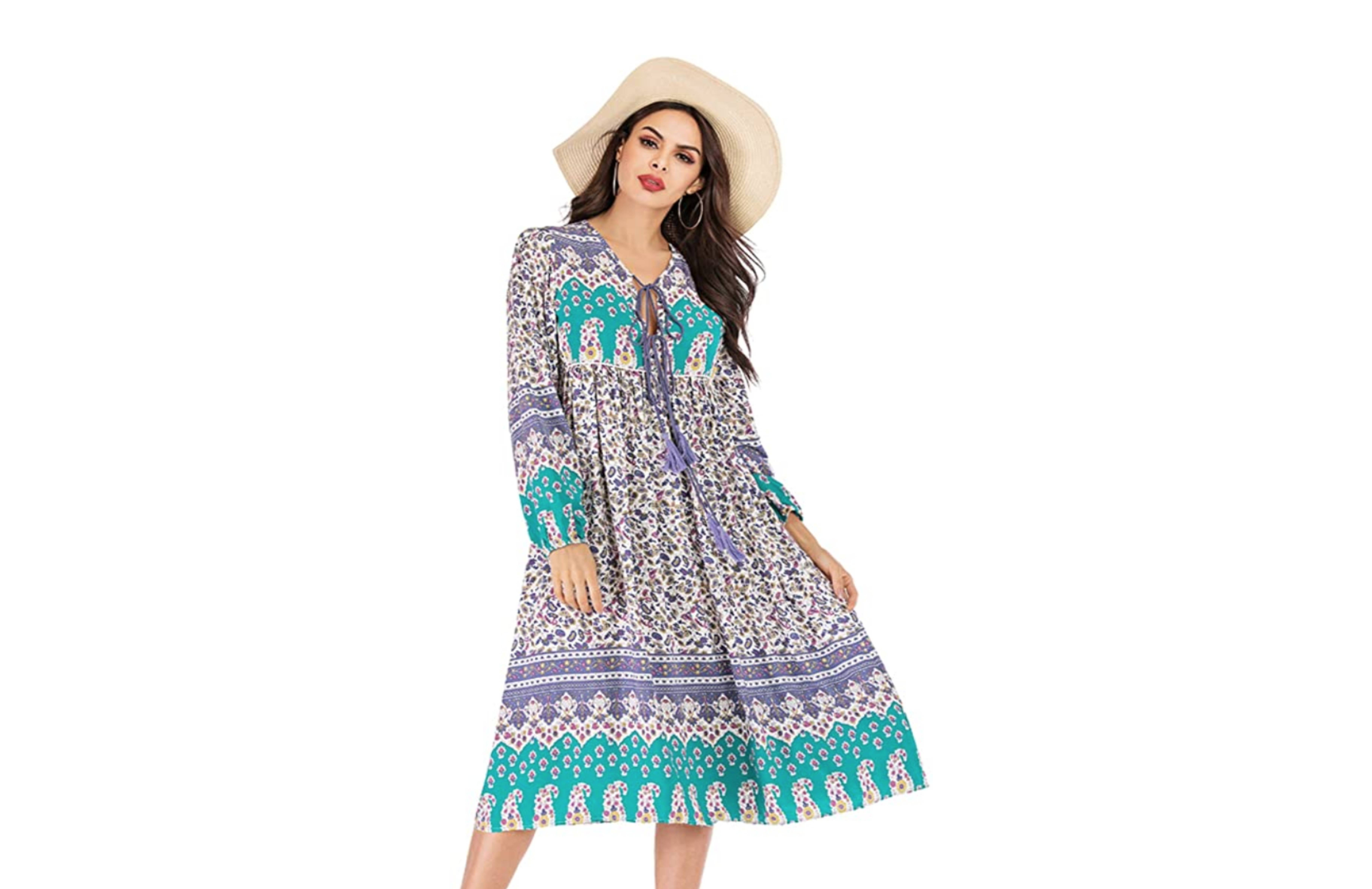 R.Vivimos Women's Long Sleeve Bohemian Midi Dress