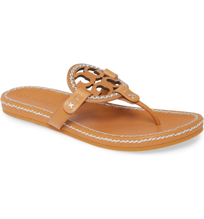 Tory Burch Miller Whipstitch Sandal (Brown/ Silver)