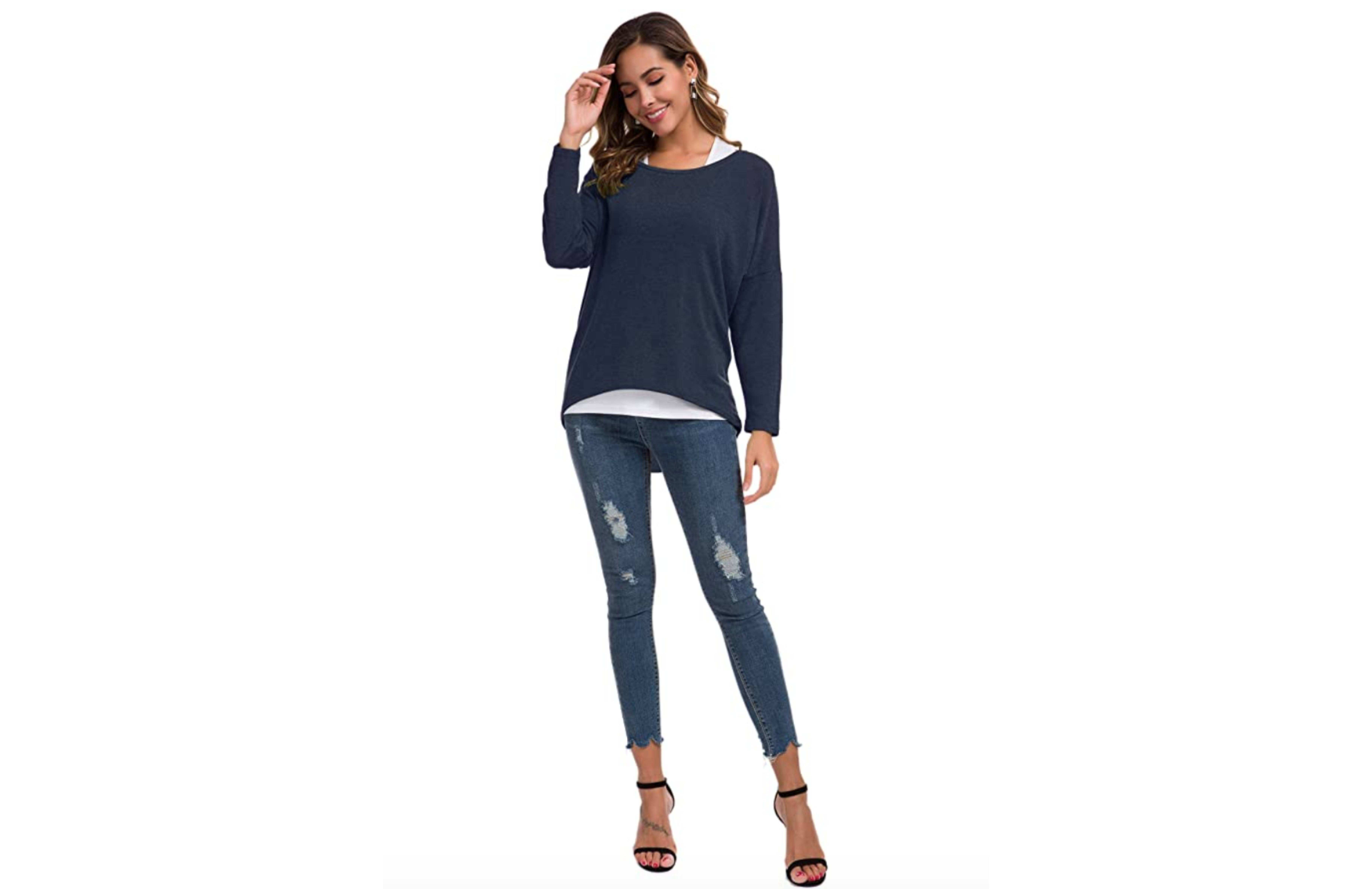UGET Women's Casual Oversized Batwing Sleeve Pullover Top (Navy Blue)
