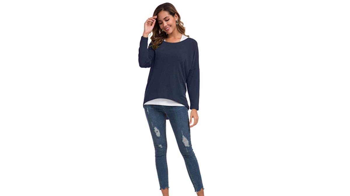 UGET Women's Casual Oversized Batwing Sleeve Pullover Top (Navy Blue)