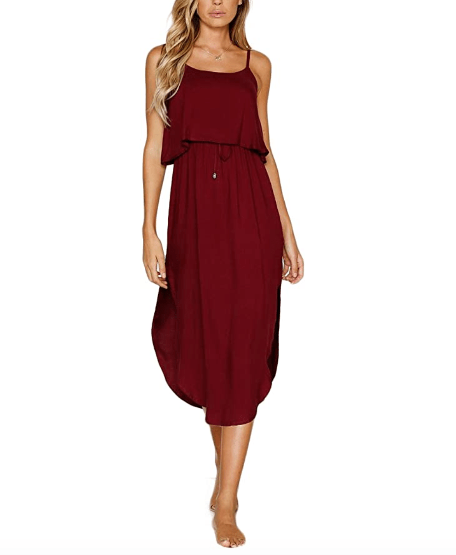 NERLEROLIAN Women's Adjustable Strappy Summer Beach Midi Dress (Wine Red)