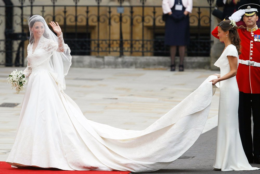 Pippa Middleton Holding Kate Middleton Wedding Train and Kate Waving to Crowd