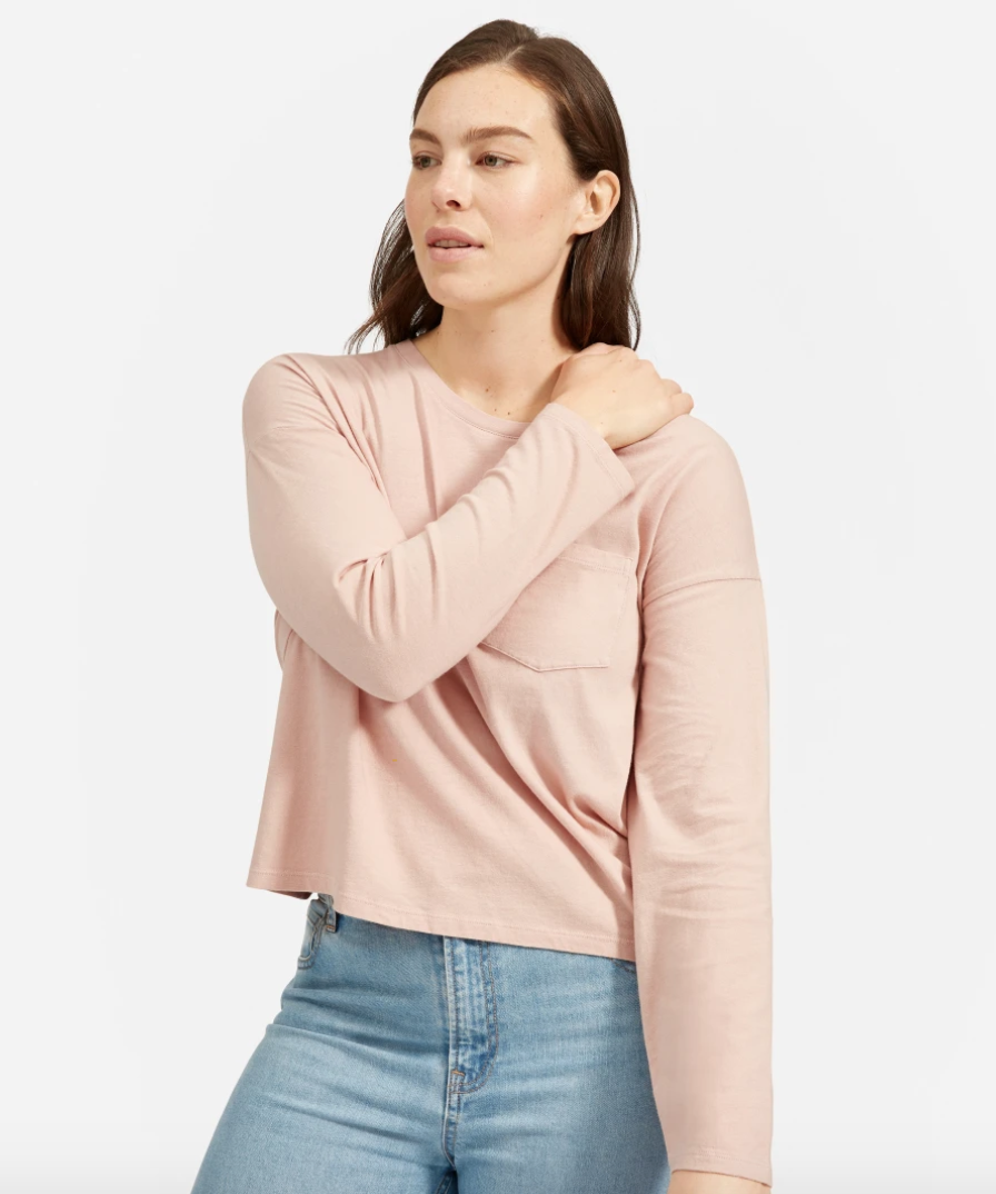 The Long-Sleeve Box-Cut Pocket Tee in Rose (Pigment Dyed)