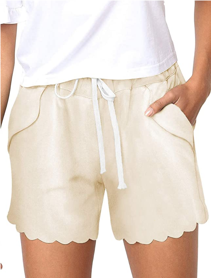 BLENCOT Women's Drawstring Elastic Waist Beach Shorts (Scallop Hem Beige)