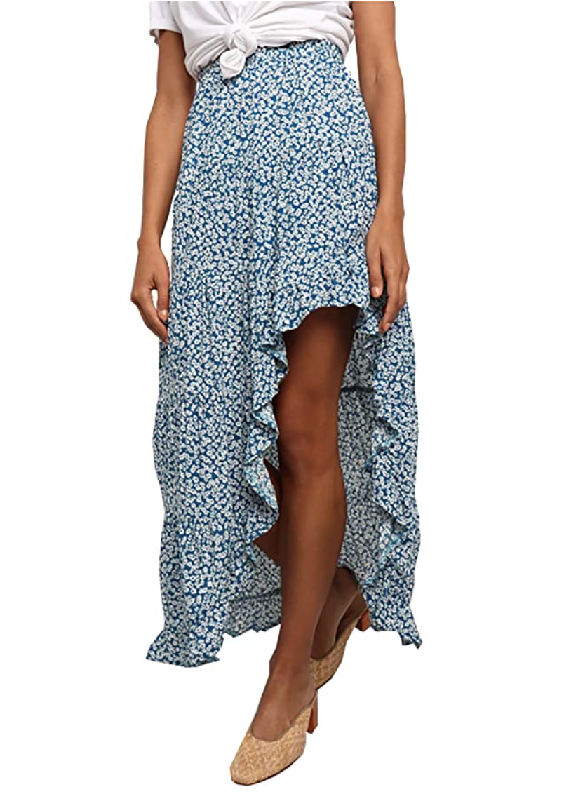 BTFBM Women's Boho Print High Low Long Skirt (Blue)