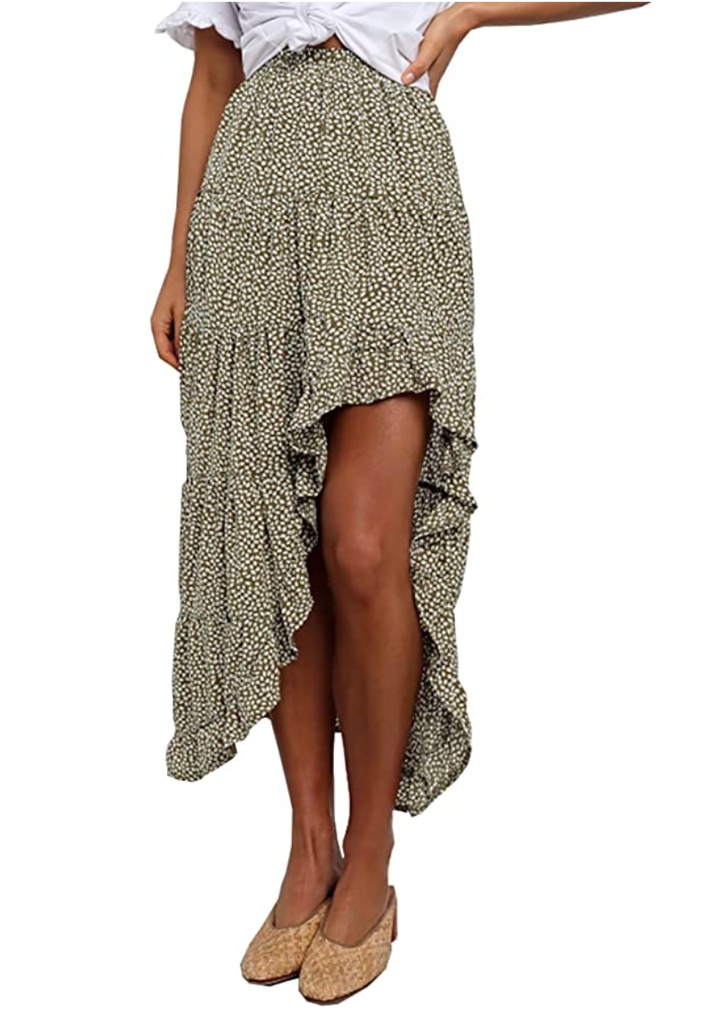 BTFBM Women's Boho Print High Low Long Skirt (Green)